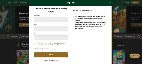 Enter your username, email, and password and proceed to the next page on VIP Arab Club Casino