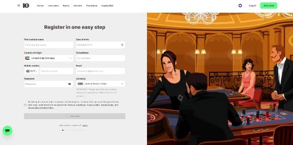 Fill out name and date of birth, select the UAE as your country, enter address, phone number, email, create password, select currency, accept terms of service on 10bet casino.