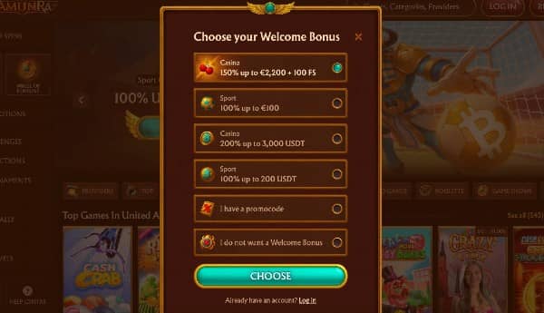 Choose welcome offer for fiat or crypto deposits on Amunra Casino
