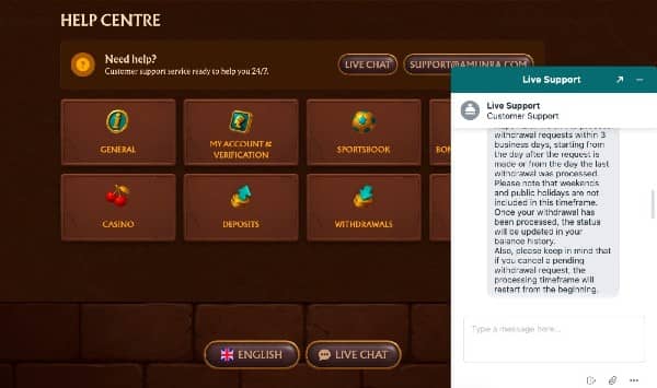 Customer Support at Amunra Casino