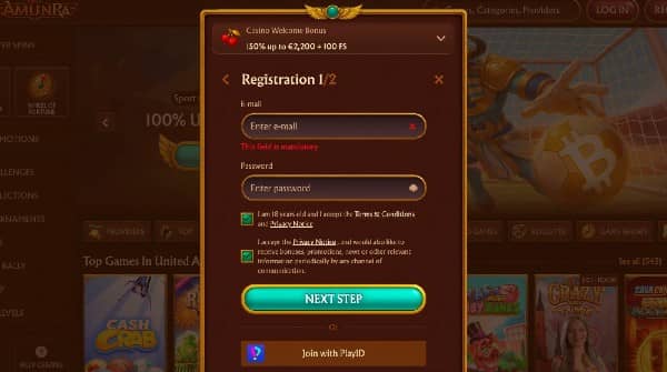 Enter your email address, create a password, and accept the terms of service on Amunra Casino