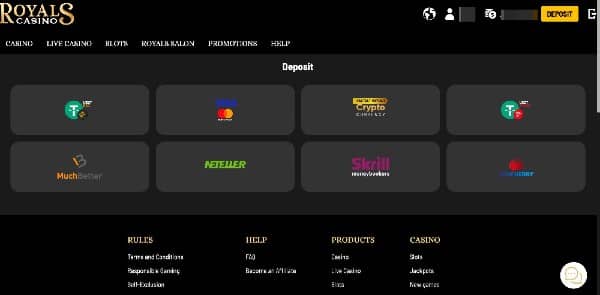 choose banking methods at Royals Casino