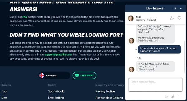 Customer Support at PlayZilla Casino