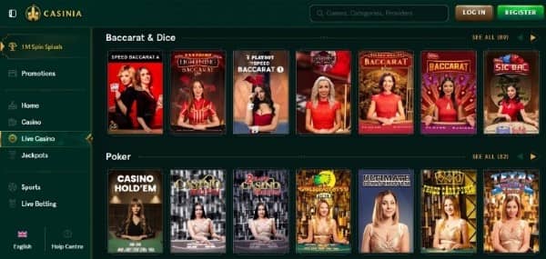 check live dealer games in Casinia Casino
